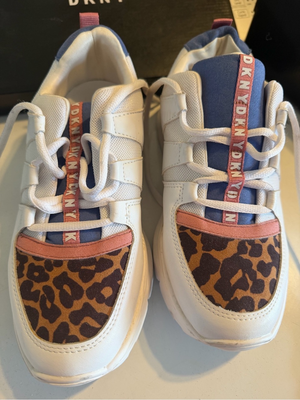 DKNY White Sneakers with Leopard Print and Pink Trim